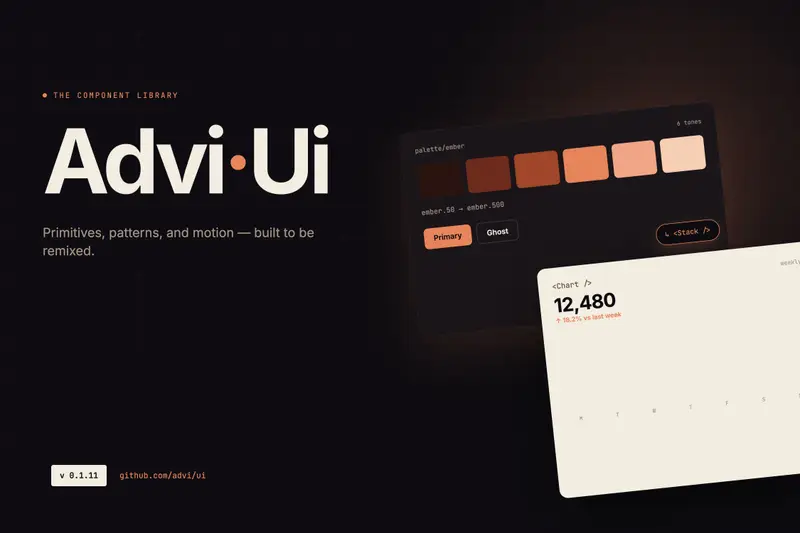 Advi-Ui v 0.1.11 — component library. Cover art with a dark ink background, a large wordmark, and a tilted stack of UI cards showing a color palette and a bar chart.