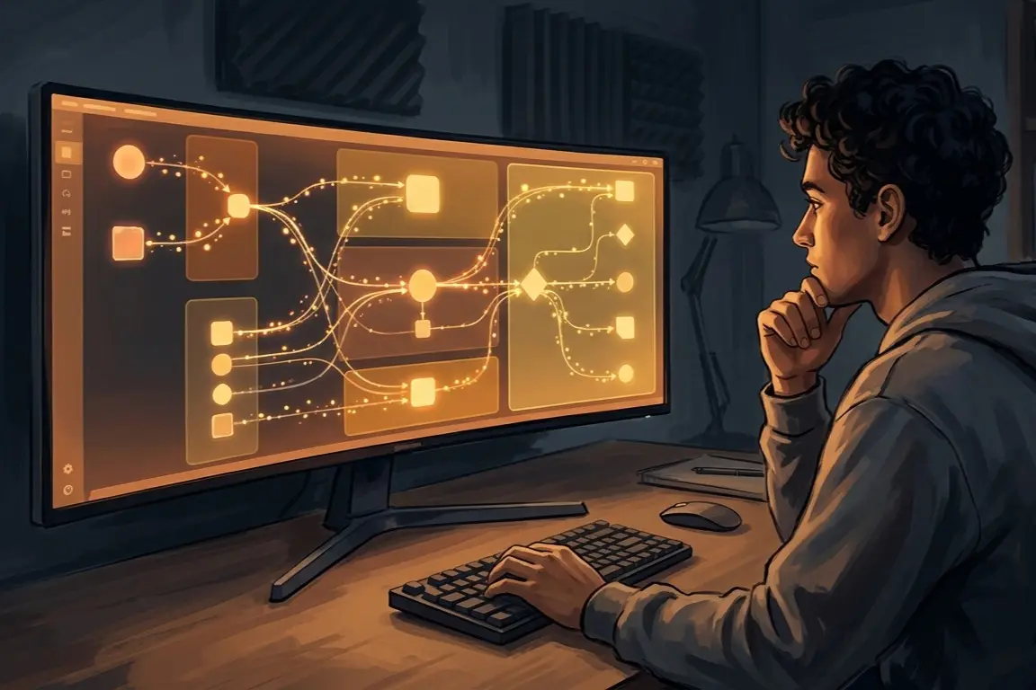 A developer staring at a glowing screen showing a visual workflow diagram, bathed in warm amber light