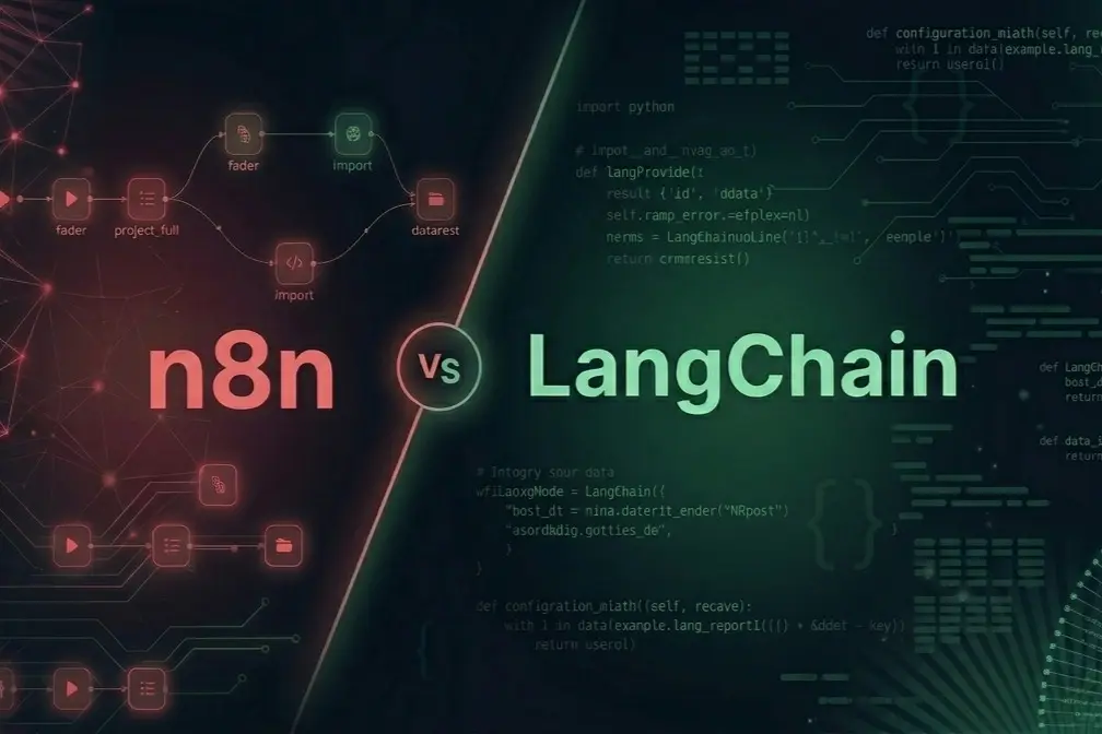 n8n visual workflow on the left versus Python LangChain code on the right, split diagonally