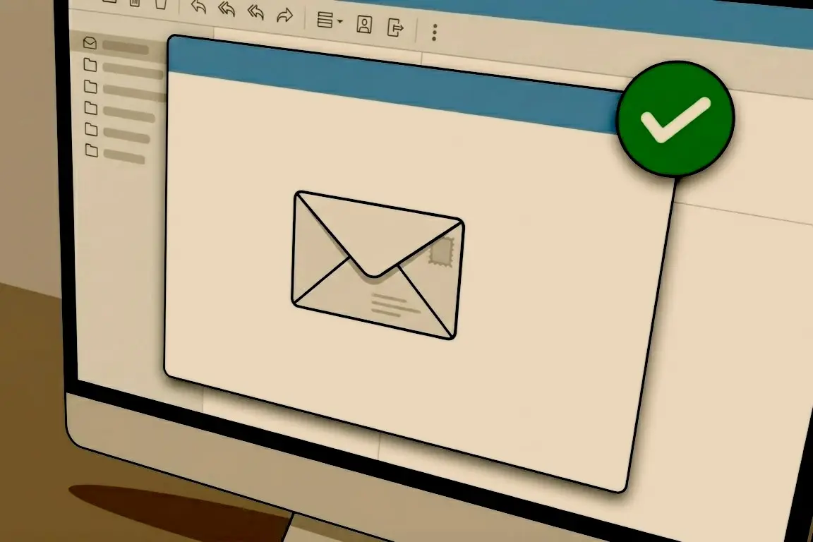 A computer monitor showing an email compose window with a green approval checkmark in the top right corner