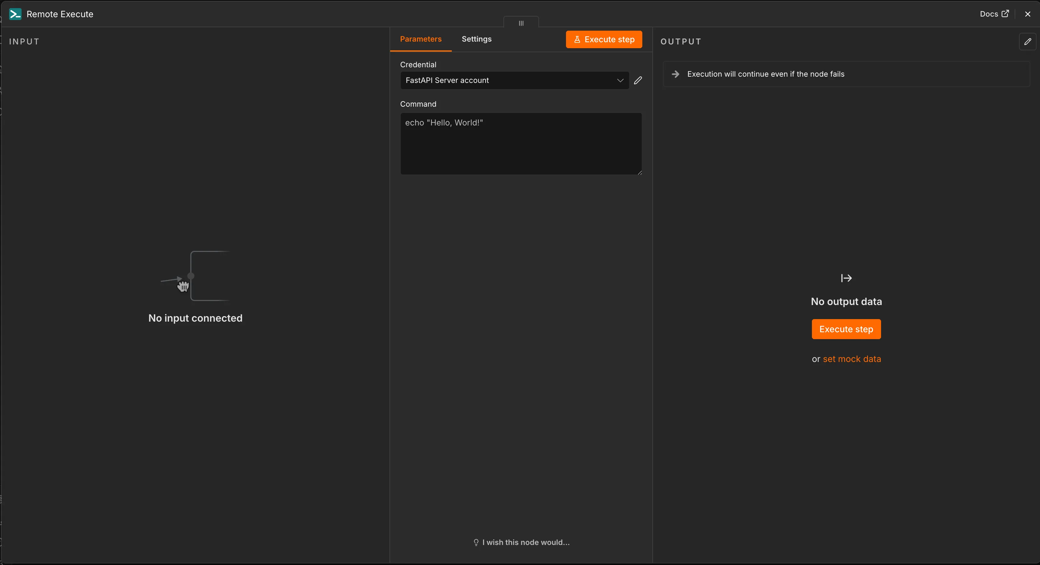 RemoteExecute node open — command input and credential connection